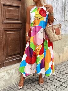 Breezaya Summer New Lady Women's Spaghetti Strap Maxi Dress, Asymmetrical Hem, All-Over Abstract Graffiti Print, Loose & Comfortable Beach Vacation Dress - Multicolor - View 7