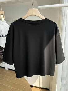 Comfortcana Áo thun ngắn tay cổ tròn dáng suông, thích hợp cho mùa hè, áo thun crop top tay lửng, áo crop top đen, áo crop top dáng rộng, áo thun crop top, áo thun dáng rộng cho nữ, áo ngắn tay nữ, áo kiểu mới nhất cho nữ, áo thun ngắn cho nữ, áo cotton nữ. - màu đen - Xem 2