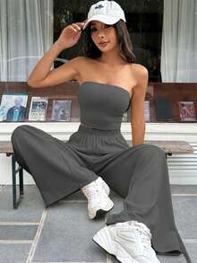 SHEIN EZwear Bộ đồ thể thao dệt kim thường ngày dành cho nữ mùa xuân/hè, áo ống và quần. - Xám - Xem 5