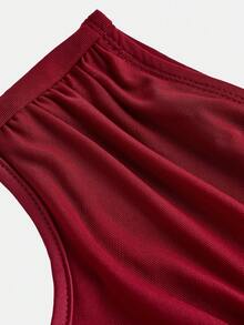 Girlism 少女薄纱褶皱弹力连衣裙，休闲优雅不对称领口褶皱腰身修身针织纯色长款连衣裙，适合派对、返校、聚会、户外活动穿着。 - 酒紅色 - 查看 4