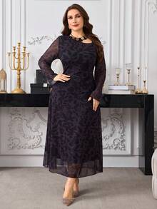 Modelyn Plus Size Long Sleeve Elastic Mesh Printed Double Layer Fitted Waist Knit Elegant Dress For Women - Multicolor - View 5