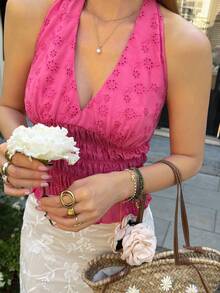 2026 Top de tirantes finos con espalda descubierta y lazo en color fucsia texturizado, para primavera y verano.Atuendo casual para vacaciones, playa, festivales, fiestas, bodas y cruceros.Crop top de estilo bohemio para mujeres. - Rosa Fucsia - Ver 7