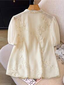 SHEIN PETITE CURVE Apricot Short Sleeve Mandarin Collar Embroidered Fabric Access Control Chinese Style Button-Up Shirt, New Chinese Style, National Style, Plus Size - Apricot - View 2