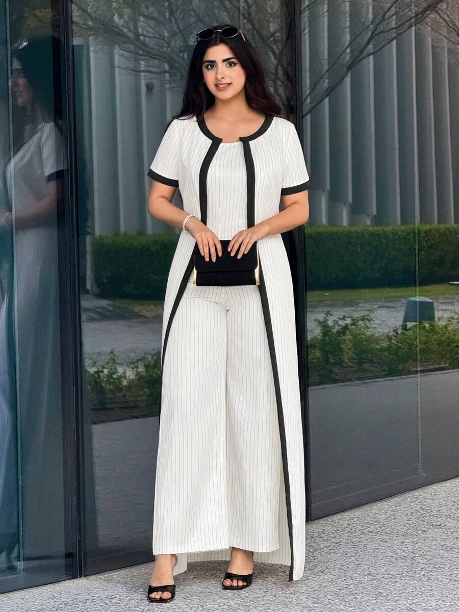 Modelyn Summer Middle East Style Sleeveless Striped 2 Pieces Casual Long Jumpsuit Set - White - View 1