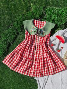 Sweetra Áo sơ mi không tay cổ Peter Pan kẻ caro đỏ trắng cỡ lớn mùa hè dễ thương - Đỏ - Xem 9
