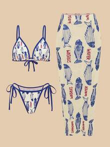 Bonvoyette 3 peças/Conjunto Roupa de Praia Feminina - Roupa de Praia Elegante e Fofa, Top de Alça Ajustável com Estampa Aleatória de Animal Marinho em Cores Contrastantes, Parte de Baixo de Maiô Bikini com Amarração Lateral e Saia Midi Maiô Bikini - Multicolorido - Visão 2