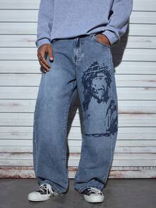 Modcrash 男士休闲宽松直筒牛仔裤，百搭街头风，适合夏季度假穿着 - 淺色水洗藍 - 查看 1