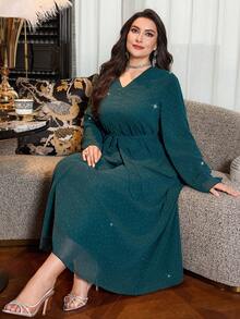 Al Najma Plus Size Women's Elegant Long Chiffon Dress With Rhinestone Embellishment, Loose Fit, Suitable For Spring And Autumn - Green - View 3