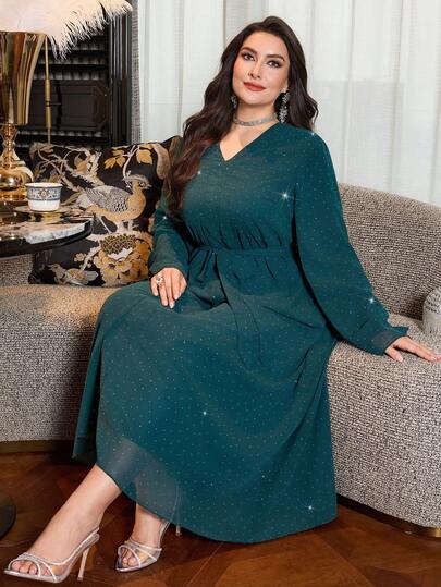 Al Najma Plus Size Women's Elegant Long Chiffon Dress With Rhinestone Embellishment, Loose Fit, Suitable For Spring And Autumn