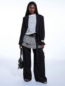 COUREZ Women's Mini Layered Pleated Skirt,Black And White Striped Check With Tie Side Detail,Y2K Summer Street Wear,Vacation Festival Party Skirts - Black - View 5