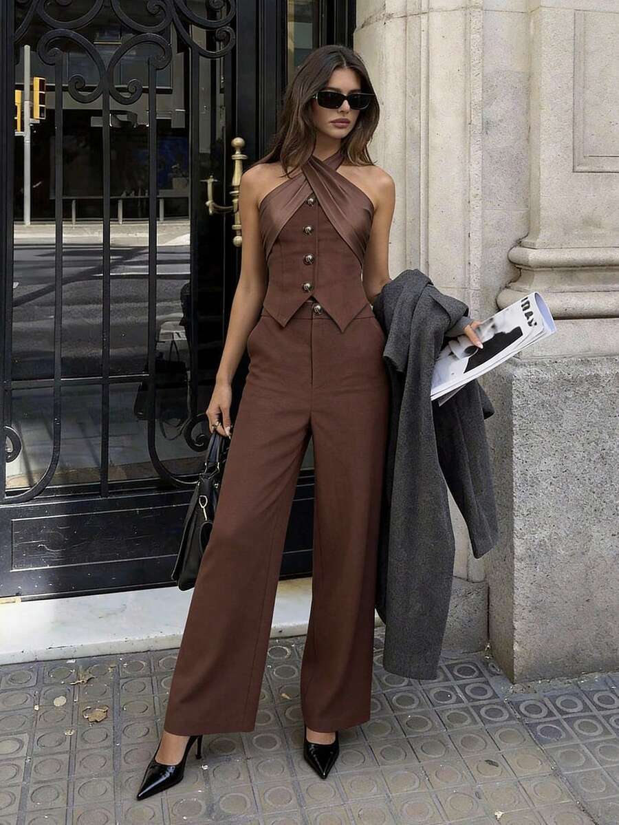Glamine Set de 2 piezas con top corto de cuello halter y pantalones de pierna ancha de talle alto para mujer - Café integral - Ver 1