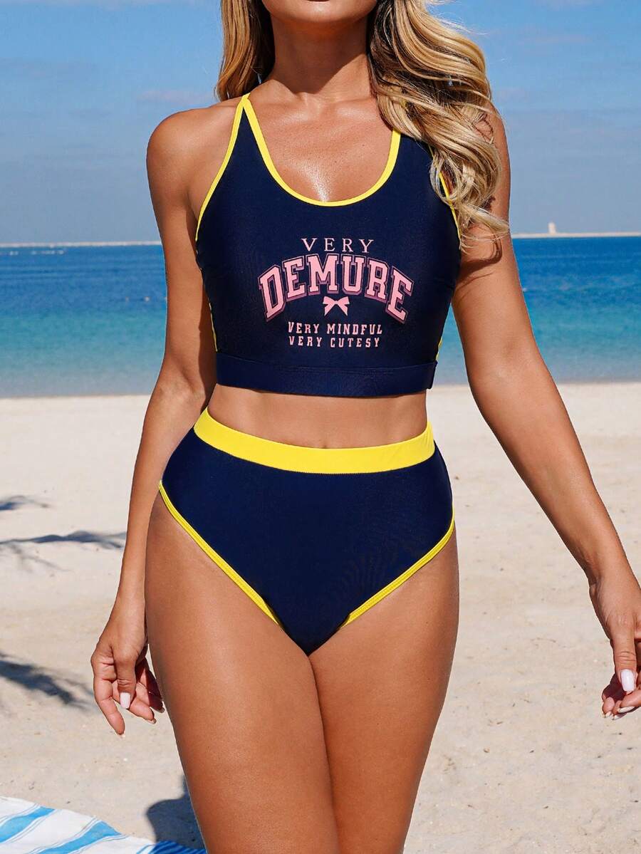Swim SPRTY Navy Blue Women's Cute Colorblock Swimwear Set,Backless Tank Top & High Waisted Triangle Bottoms,Summer Holiday Beach Party Tummy Control 2 Pieces - Multicolor - View 1