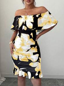 Selianne Tropical Print Off Shoulder Ruffle Trim Ruched Bodycon Dress Vacation Beach Outfits Women - Multicolor - View 5