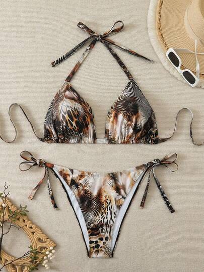 Swim Vcay Plus Size Women Leopard Print 2pcs Halter Bikini Swimwear Set