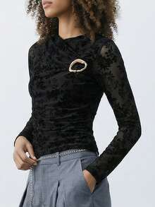 Maija Women's Elegant Black Floral Lace Patchwork Ruffle Metal Decor Long Sleeve T-Shirt,Autumn Party Night Casual Versatile See Through Mesh Top - Black - View 1