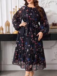 Modelyn Plus Size Women Star Print Elegant Dress, Spring - Black - View 4