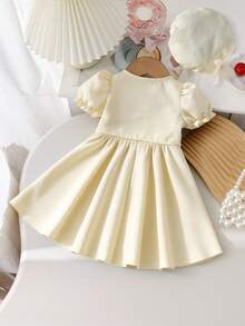 SHEIN 3pcs Baby Girl Sweet Cute Fashion Party 3D Floral Decor Bubble Short Sleeve Cropped Jacket And Sleeveless Waist Cinched Dress Set With Hat - Apricot - View 2