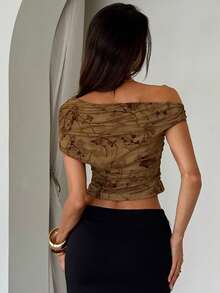 Aloruh Áo croptop nữ mùa xuân/hè mới với họa tiết hoa, chi tiết dây rút, có vai trần. - Nhiều màu - Xem 3