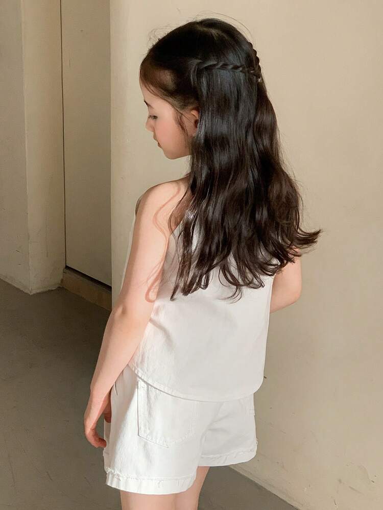 Young Girl Summer Casual Daily Commute Simple Solid Color Sleeveless Shirt And Loose Denim Shorts Set