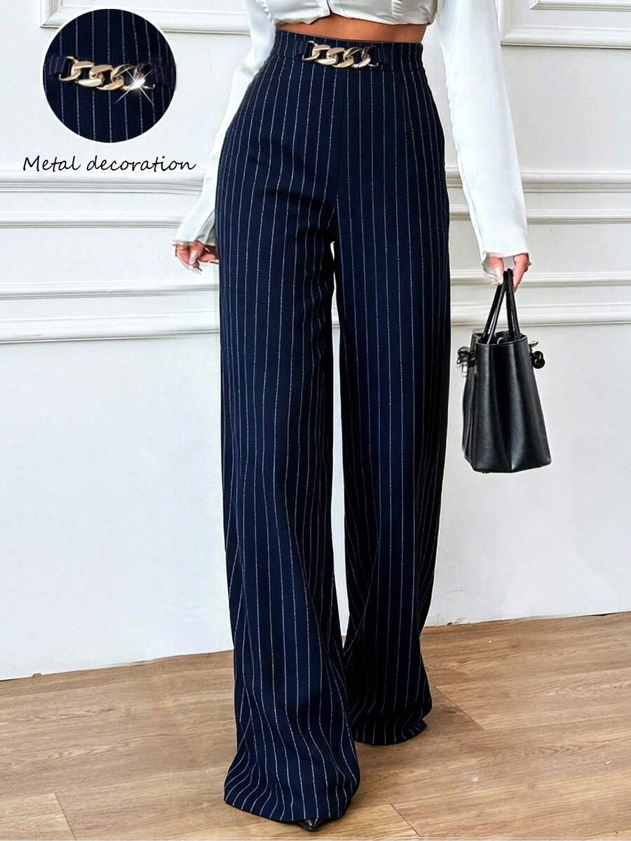 Ritzy Row 女士时尚直筒条纹格子裤，简约休闲通勤必备裤装，藏蓝色条纹长裤，金属装饰腰带直筒版型，户外服装