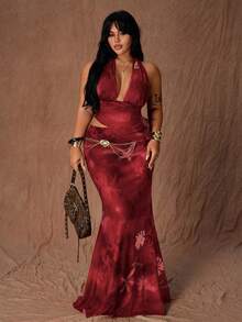 Rustia Bộ đồ 2 món thời trang mùa thu: Áo hai dây gợi cảm kết hợp với chân váy midi ôm sát dáng đuôi cá. - Màu Đỏ Sâu - Xem 1