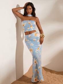 Opulessa Bộ 2 món gồm áo croptop in họa tiết và chân váy cạp thấp dành cho nữ, trang phục đi nghỉ mát, mùa xuân/hè. - Màu xanh lam - Xem 5