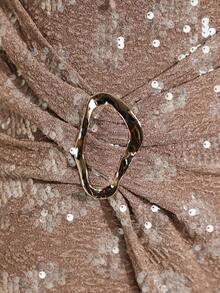 Ellevyn Women's Round Neck Metal Buckle Waist Beaded Cap Sleeve Dress - Khaki - View 7