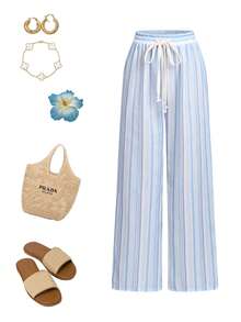 GlowEve Fashionable New Summer Vacation Striped Elastic Waist Drawstring Women Long Straight Pants - Blue - View 4