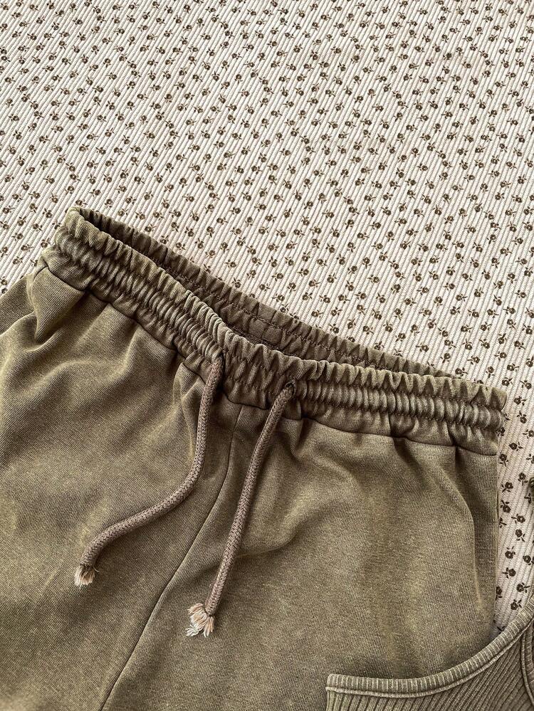Conjunto de 2 piezas para niña preadolescente: Mono de punto acanalado con bordado de copo de nieve y Nueva York, y pantalones jogger casuales minimalistas retro con estampado de copos de nieve - Caqui - Añade 3
