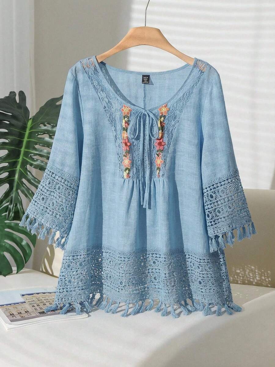 CosyJoli Plus Size Floral Embroidered Tassel Decor Elegant Tie-Front Blouse Fall - Baby Blue - View 1