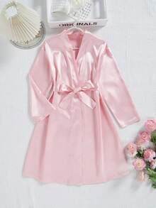 Áo ngủ maxi dài tay màu hồng satin in hoa cho bé gái, có dây buộc eo, đồ ngủ. - Hồng - Xem 2