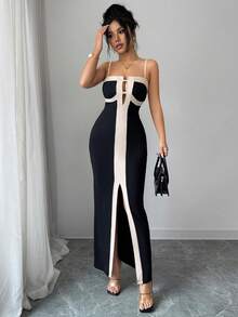 Rafferiza Đầm ôm eo hai dây màu đen và mơ phối hợp thanh lịch dành cho nữ. - màu đen - Xem 6