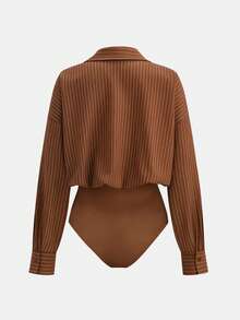 Franclia Women's Casual Striped Print Loose Fit Drop Shoulder Long Sleeve Bodysuit, Suitable For Work, Commute, And Vacation, Spring/Autumn - Brown - View 2