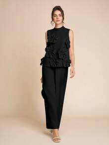 Amorya Women's New Fashionable Elegant Romantic 3D Floral Top & Wide Leg Pants 2 Pieces Set Ruffle Pants Black Tops Elegant Structured Top Black Wide Leg Pants Women - Black - View 4