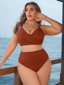Swim Lushoire Đồ bơi gợi cảm, thoải mái, 2 mảnh dành cho nữ cỡ lớn, màu trơn, chất liệu vải có họa tiết, dành cho nữ. - Cà phê nâu - Xem 3