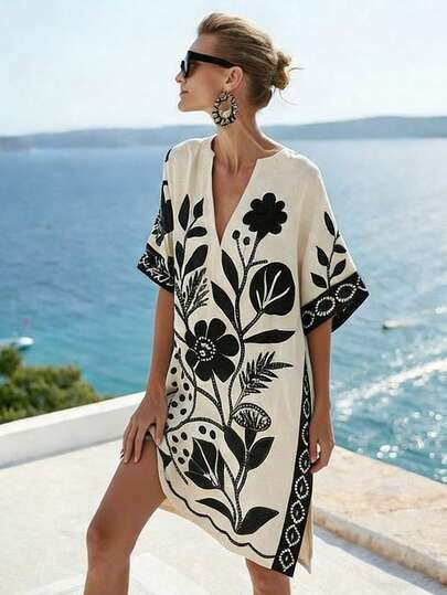 SHEIN Holidaya Minimalist Beige & Black Floral Print V-Neck Short Sleeve Loose A-Line Dress, Versatile For Commute & Daily Wear, Slimming & Elegant, Drapey Fabric Conceals Flaws, Decorative Floral Pattern, V-Neck Short Sleeve Beige & Black Floral Loose A-Line Dress Tunic Dresses Swimsuit Cover Up Women Beachwear Cover Up Women Vacation Dress Resort Wear Women