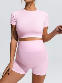SHEIN Maternity Solid Color Round Neck Short Sleeve T-Shirt And Pocket Shorts Sports Suit,Word Cup - Pink - View 6