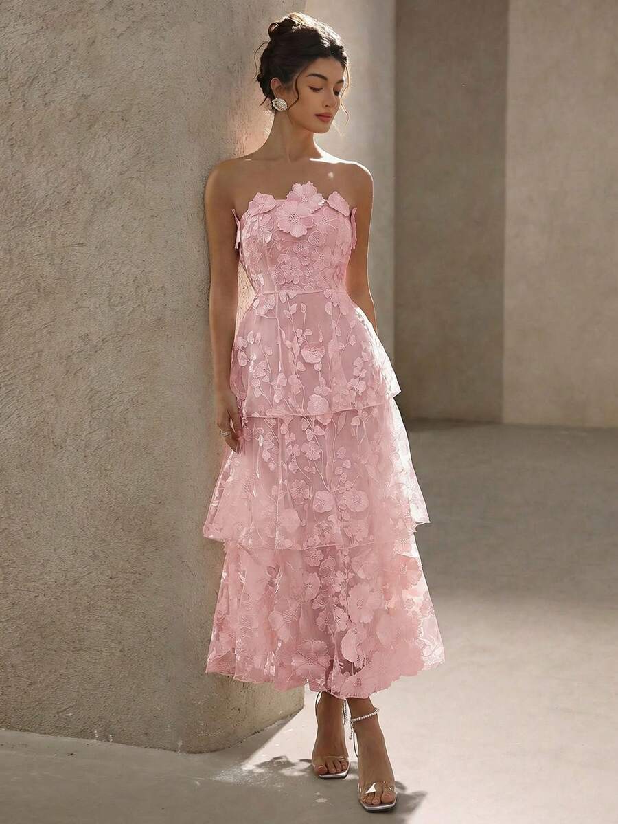 BELROSIE Solid Color Luxurious High-End Party Floral Strapless Dress, Suitable For Spring And Summer