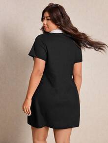 Elaquor Plus Size Color Block Collar Short Sleeve Dress, Summer Dresses - Black - View 2