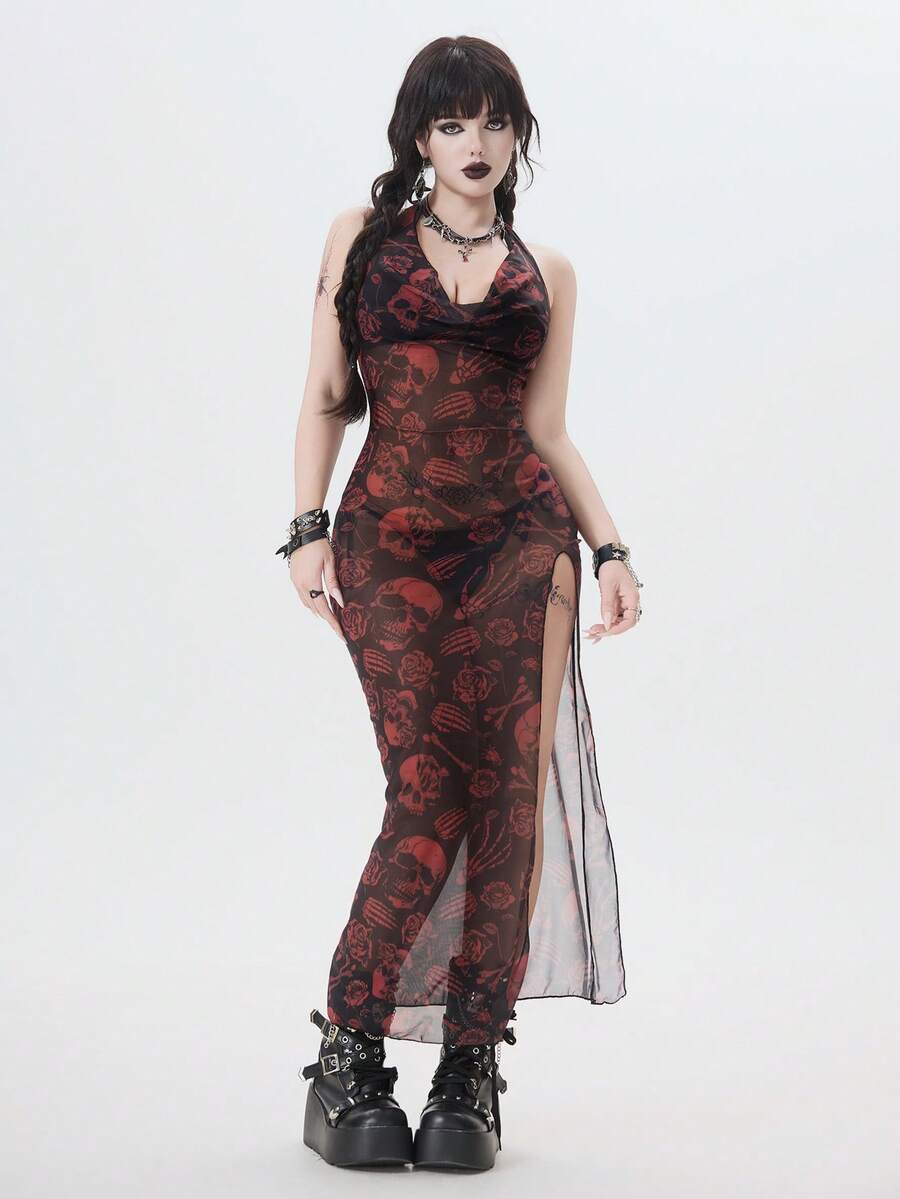 ROMWE Goth Women's Dark Skull Rose Floral Mesh Print Plunging Neck Backless Side Slit Cover Up, Spring/Summer - Multicolor - View 1