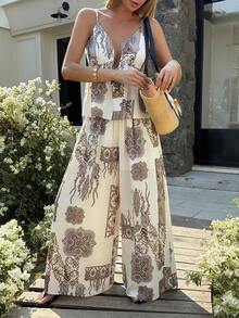 Livesso Avant-Garde V-Neck Baroque Style Print Camisole And Wide-Leg Pants - Apricot - View 2