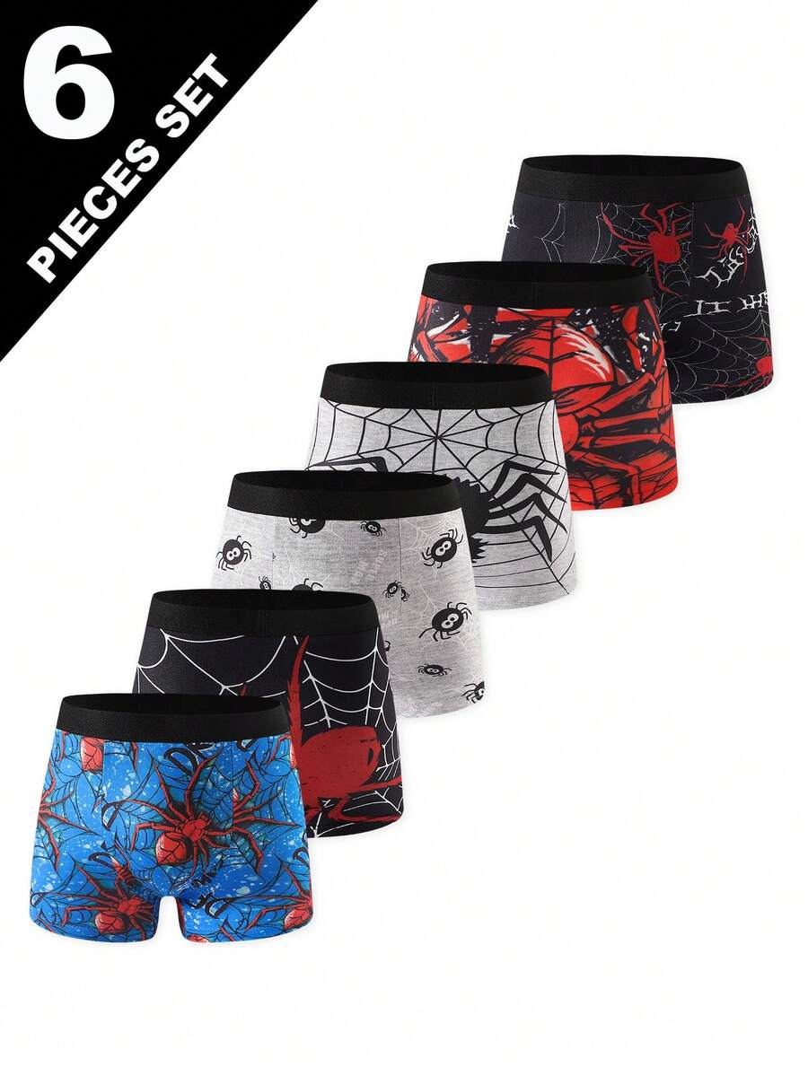 6 piezas/paquete Calzoncillos tipo bóxer con estampado de araña para adolescentes - Multicolor - Ver 1