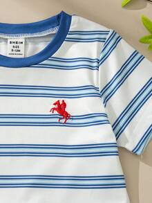 Souflis Souflis French Style New White Base Blue Striped Toddler Boys' Round Neck Short Sleeve T-Shirt With Contrast Embroidered Graphic, Fashionable Casual, Refined, Versatile, Suitable For School, Outings And More Occasions Toddler Summer Clothes Stripe Tshirt Tshirt For Baby Boy - Multicolor - View 8