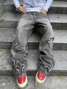 Manfinity EMRG Plus Size Men's Loose Casual Frayed Hem Fashionable Denim Jeans - Light Grey - View 7