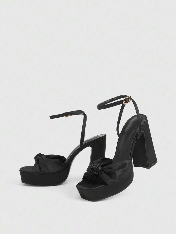 CUCCOO LuxiPop Black Satin Knotted Design Fashionable Sexy High Platform Chunky Heel Sandals 2000s Style Summer Shoes