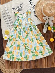 SHEIN Vintaside Kids Đầm không tay kiểu dáng thường ngày cho bé gái, họa tiết trái cây nhiệt đới, trang trí cầu kỳ, mẫu mới xuân/hè. - màu xanh lá - Xem 2