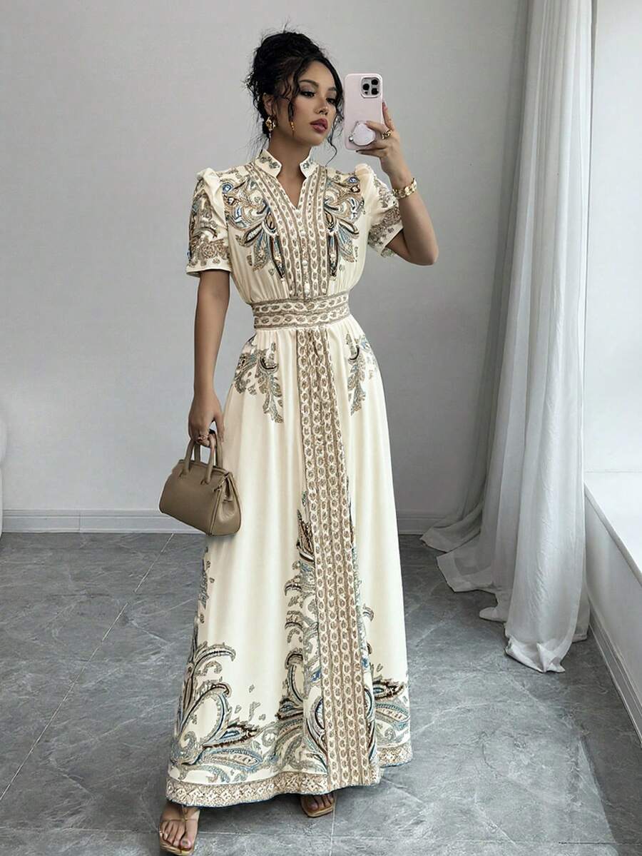 Rafferiza Đầm maxi dài dáng chữ A màu mơ thanh lịch dành cho nữ, cổ chữ V, tay ngắn phồng, xẻ tà và xòe rộng. - Màu be - Xem 1