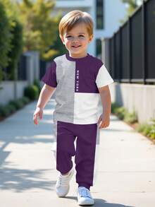 Bubblio Bộ quần áo bé trai phong cách tối giản cổ tròn tay ngắn, họa tiết phối màu cổ điển, in tên thành phố New York. - Nhiều màu - Xem 2