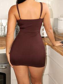 Lowkey Lull Women's Sexy Deep V-Neck Spaghetti Strap Bow Tie Mini Nightgown - Brown - View 2
