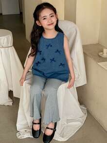 DAZY Áo denim cho bé gái với nơ trang trí, trang phục mùa thu. - Màu xanh lam - Xem 6